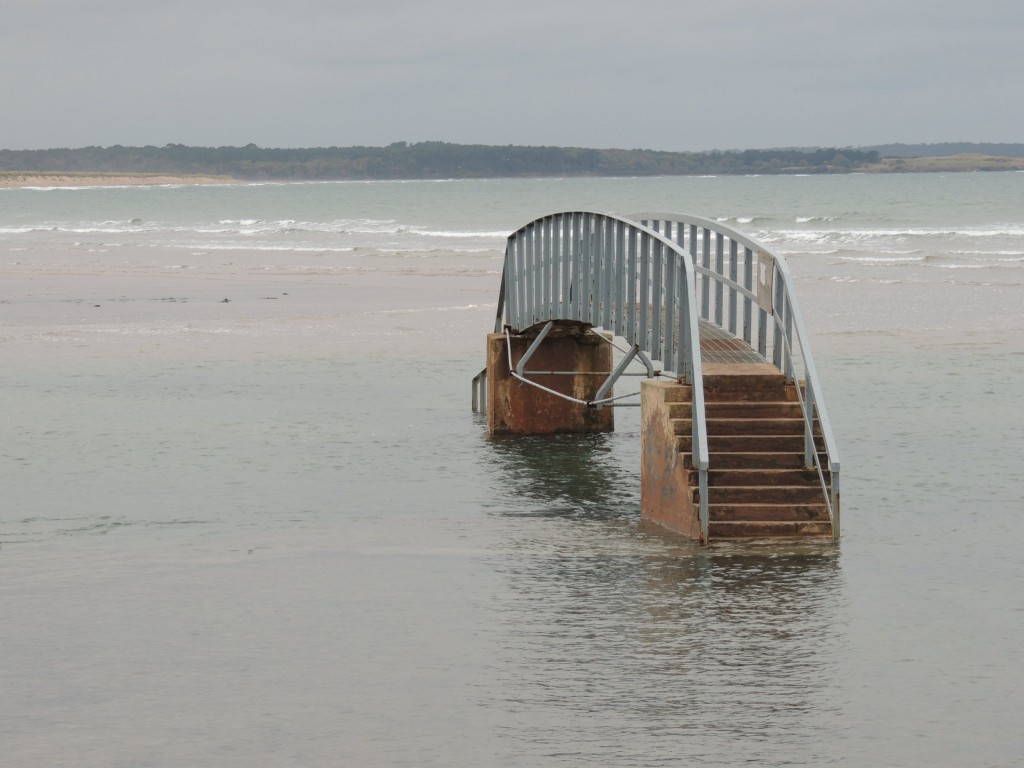 Belhaven Bay. Seen at high tide, this bridge looks a bit silly